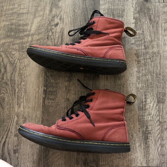 Doc Martens Maroon Red Canvas Air Wair Bouncing Soles High Tops - Picture 2 of 8